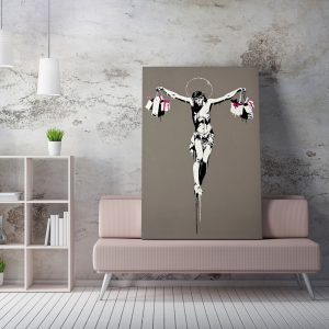 ASIR Obraz na plátně (50 x 70) Banksy Street Art – Ježíš Kristus s nákupními taškami