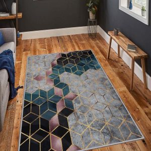 ASIR Předsíňový koberec (100 x 300 cm) HMNT774 šedý a modrý geometrický vzor