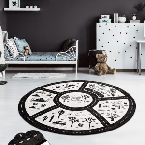 ASIR Kulatý koberec (140 cm) BLACK CITY černobílá silnice