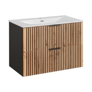 Comad Závěsná skříňka Casad se zápustným umyvadlem a sifonem 80 cm dub wotan/černá
