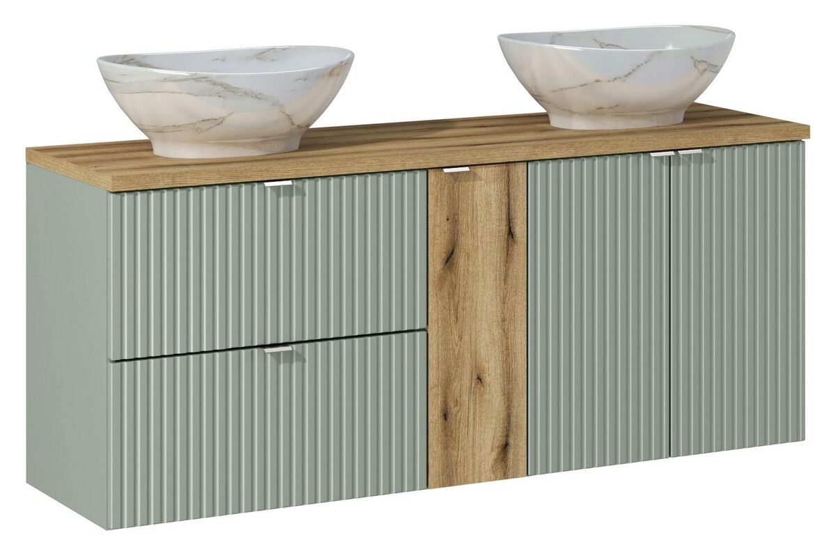 Comad Závěsná skříňka Line Reed Green Pati s deskou a umyvadly 140 cm zelená/dub coast evoke