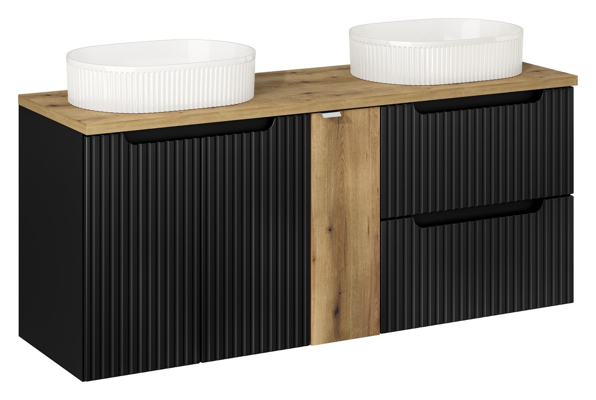 Comad Závěsná skříňka Nova Black Beyond s deskou a umyvadly 140 cm černá/dub evoke