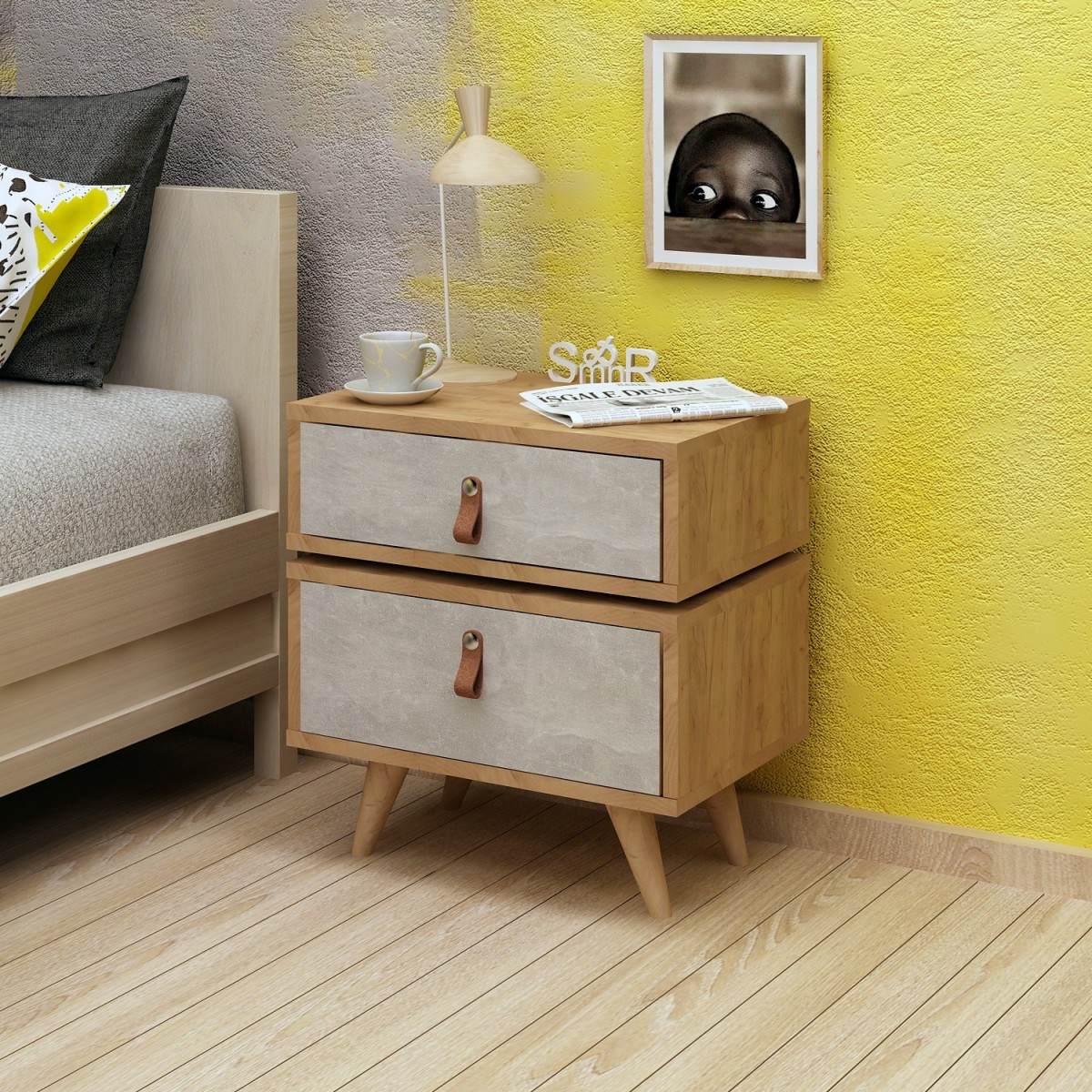 Hanah Home Noční stolek Dopo I dub přírodní/šedý - Obrázek 2