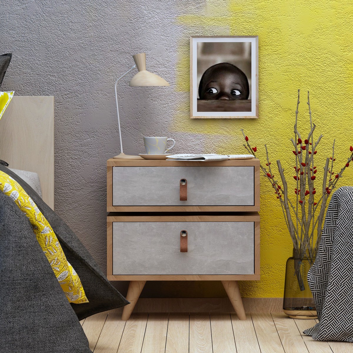 Hanah Home Noční stolek Dopo I dub přírodní/šedý