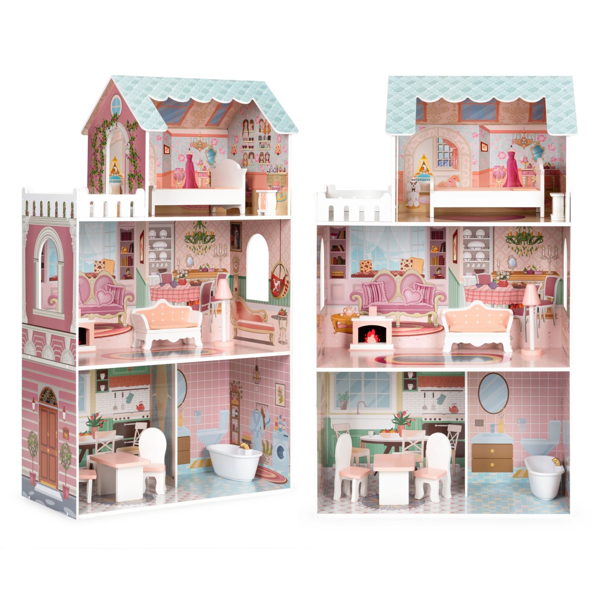 Domeček pro panenky ECOTOYS: BARBIE s nábytkem růžový
