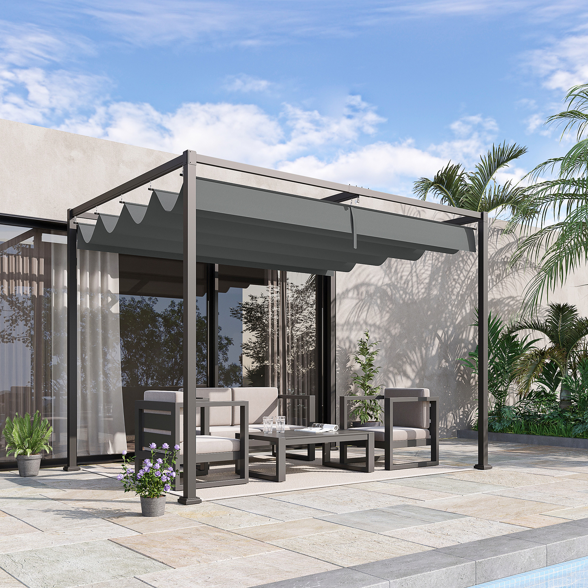 OUTSUNNY Kovová pergola s posuvnou látkovou střechou 298 x 221 x 213 cm šedá - Obrázek 2
