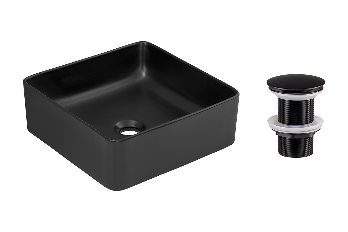 Comad Sada keramického umyvadla na desku a výpusti Slim 40 cm černá mat