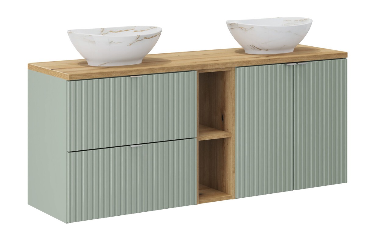Comad Závěsná skříňka Line Reed Green s deskou a umyvadly 140 cm zelená/dub evoke