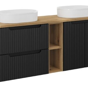 Comad Závěsná skříňka Nova Black s deskou a umyvadly 140 cm černá/dub evoke