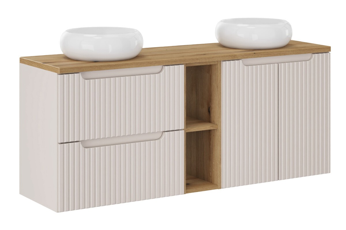 Comad Závěsná skříňka Nova Cashmere s deskou a umyvadly 140 cm kašmírová/dub evoke