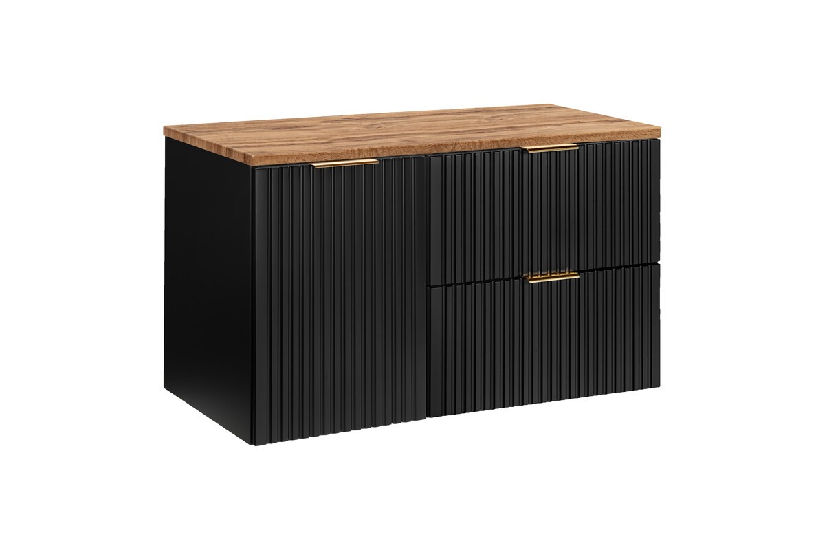 Comad Závěsná skříňka pod umyvadlo Casad s deskou a košem na prádlo 100 cm černá/dub wotan