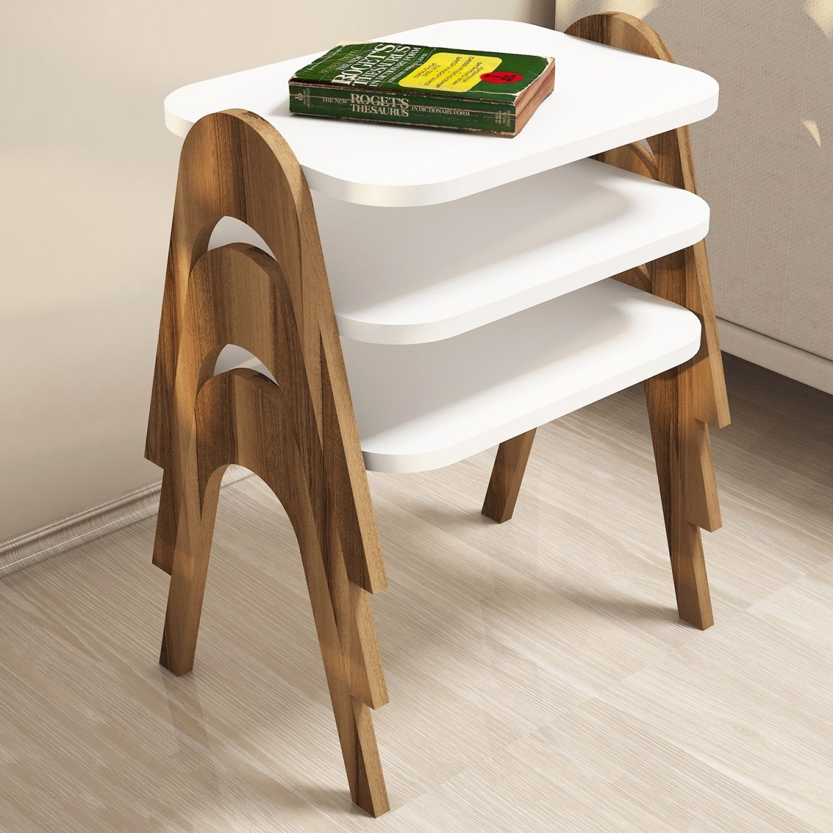 Kalune Design Sada 3 odkládacích stolků PARIS ořech/bílá - Obrázek 2