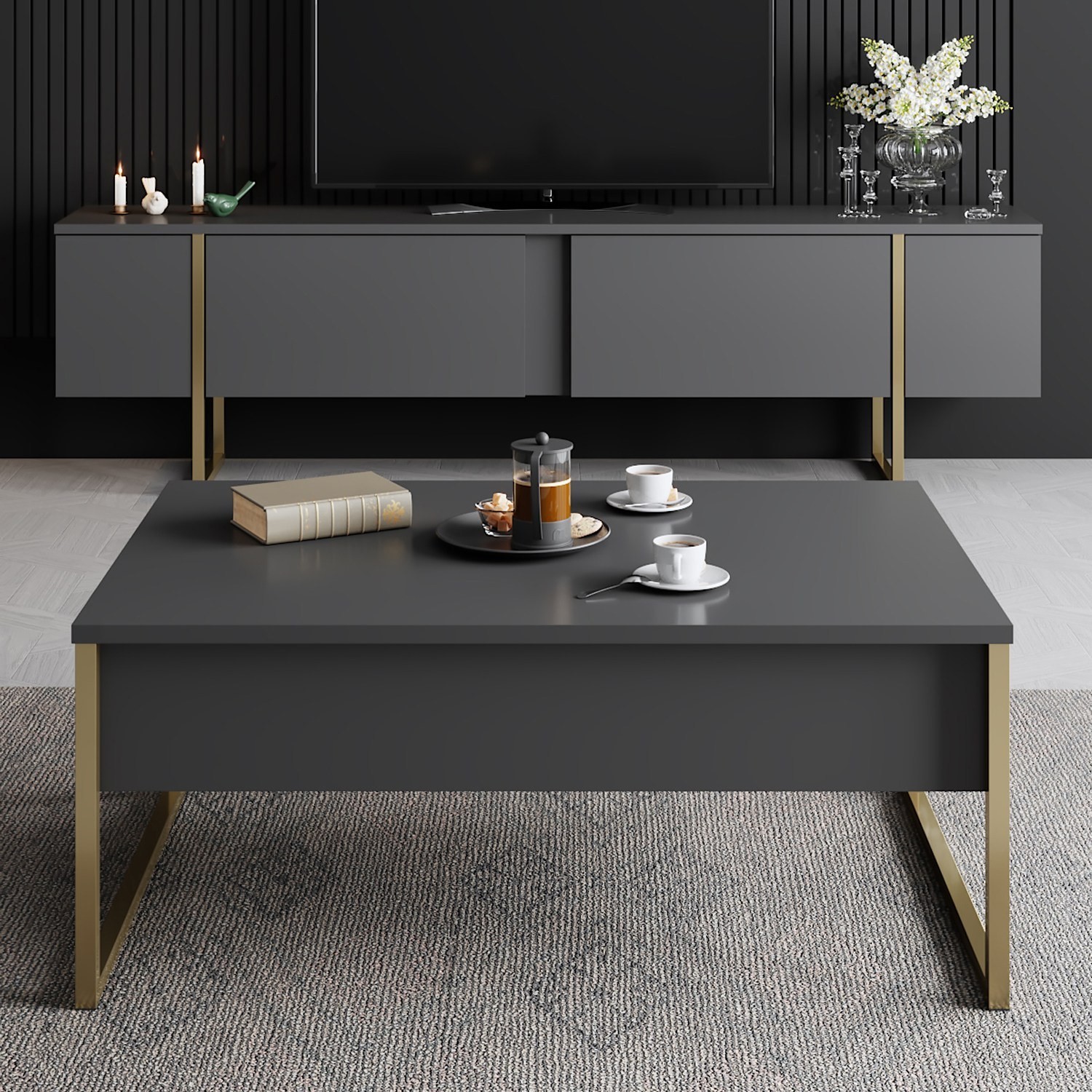 Kalune Design Sada nábytku do obývacího pokoje Luxe antracit/zlatá II - Obrázek 2