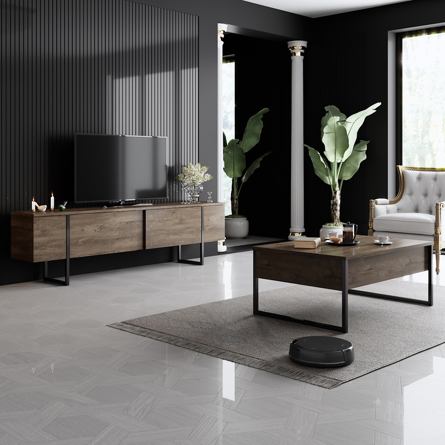 Kalune Design Sada nábytku do obývacího pokoje Luxe ořech/černá II