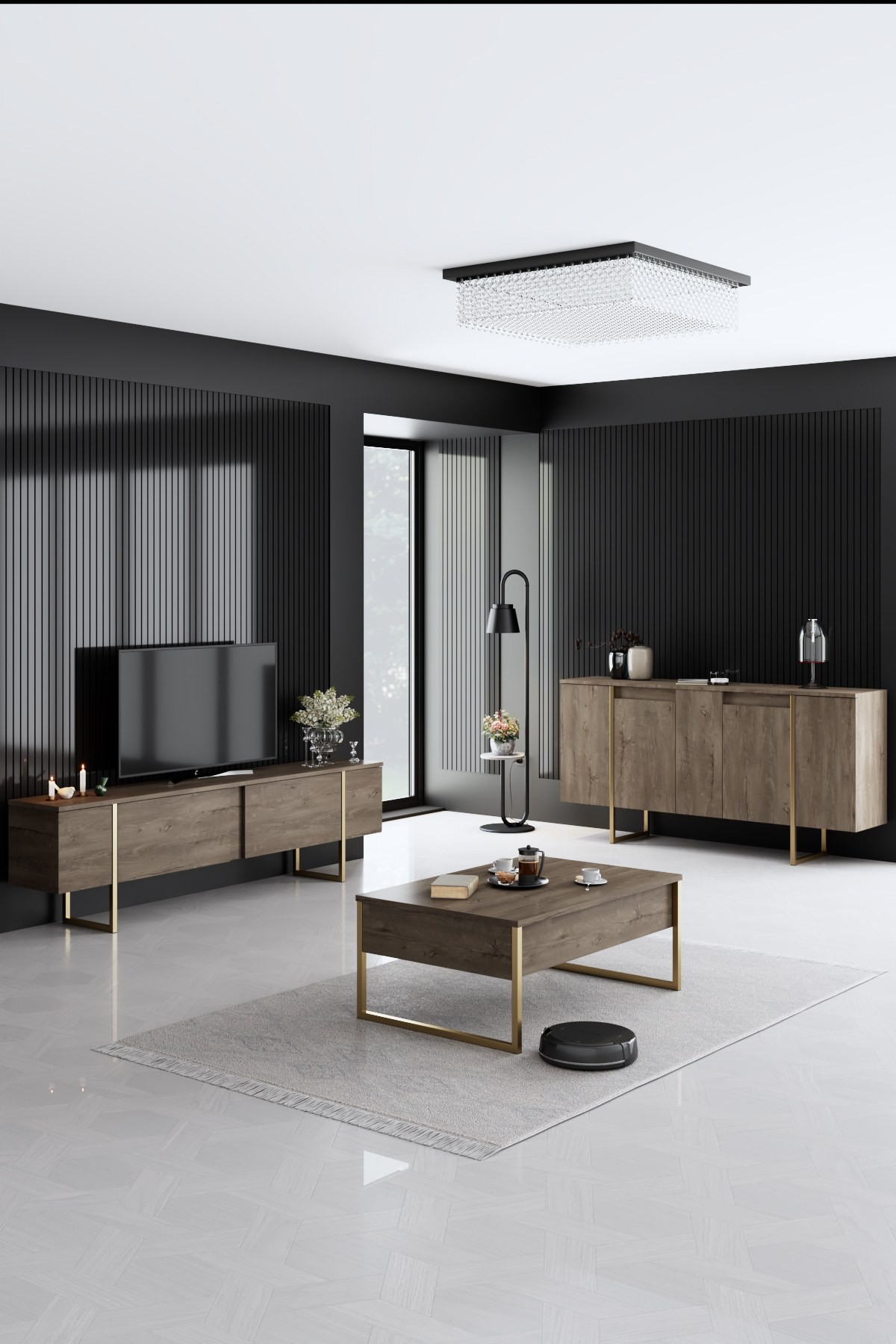 Kalune Design Sada nábytku do obývacího pokoje Luxe ořech/zlatá
