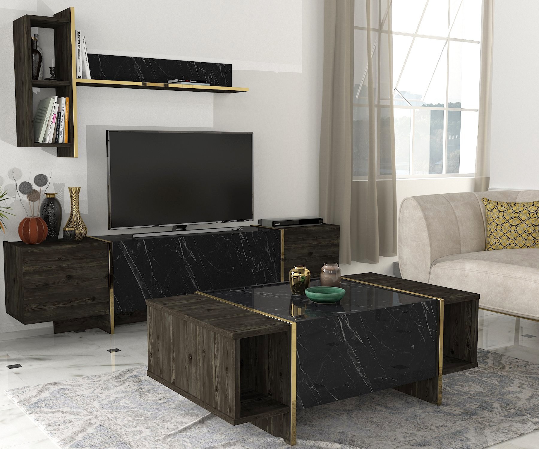 Kalune Design Sada nábytku do obývacího pokoje Veyron hnědá/mramor/zlatá II - Obrázek 2