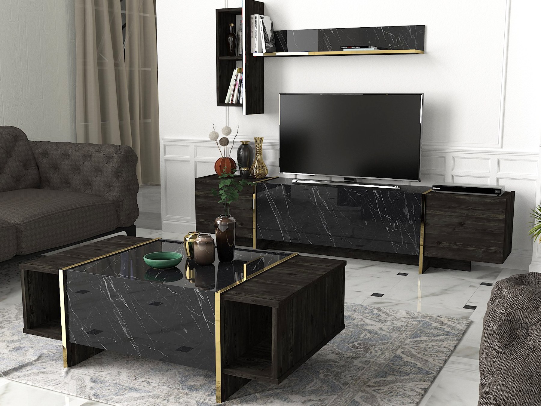 Kalune Design Sada nábytku do obývacího pokoje Veyron hnědá/mramor/zlatá II