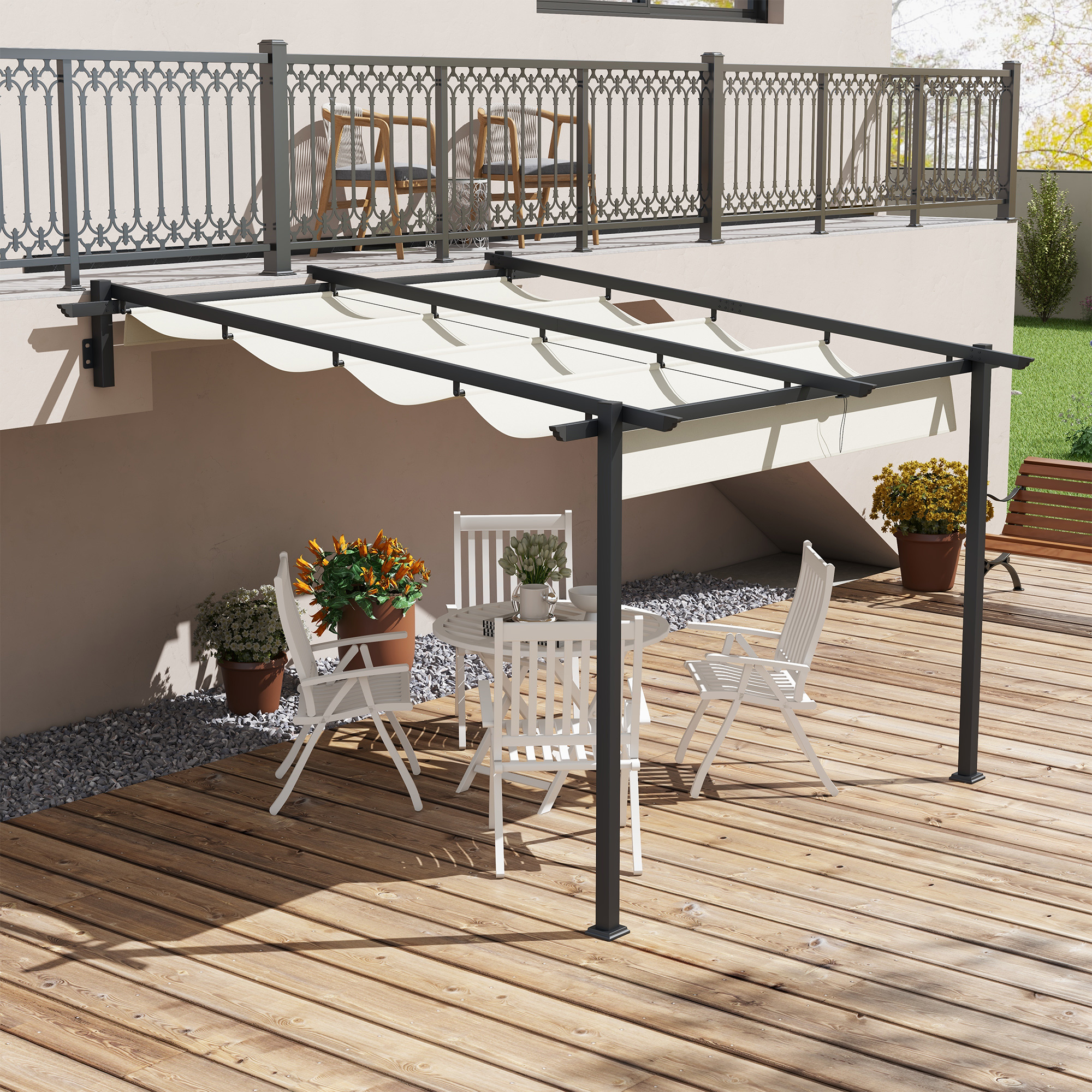 OUTSUNNY Kovová pergola ke zdi s plátěnou střechou 300 x 300 cm krémová - Obrázek 2