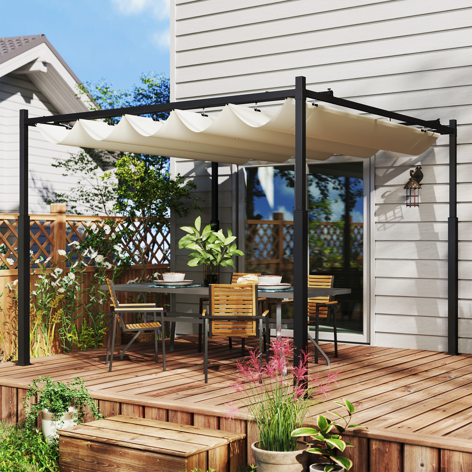OUTSUNNY Volně stojící kovová pergola se stahovací plátěnou střechou 300 x 300 cm bílá - Obrázek 2