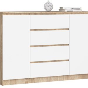 Ak furniture Komoda Kryštof 140 cm 2 skříňky a 4 šuplíky dub sonoma/bílá