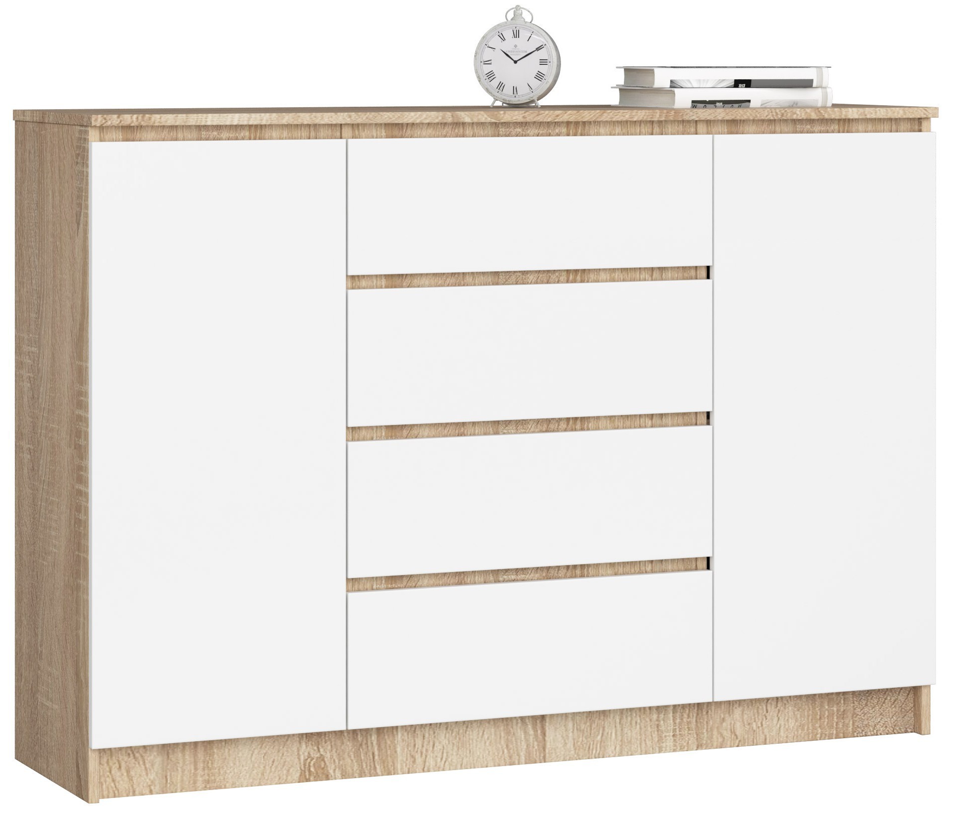 Ak furniture Komoda Kryštof 140 cm 2 skříňky a 4 šuplíky dub sonoma/bílá