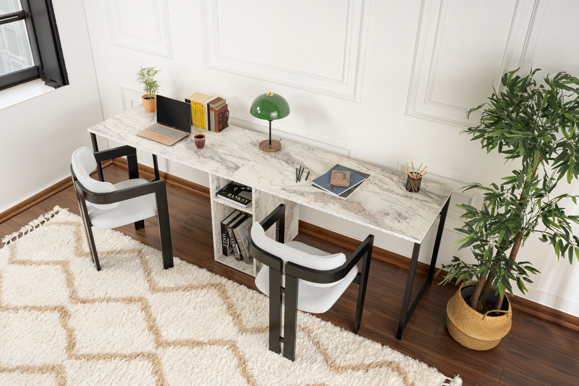 Kalune Design Kancelářská sestava pro 2 osoby TWIN bílý mramor/černá - Obrázek 2