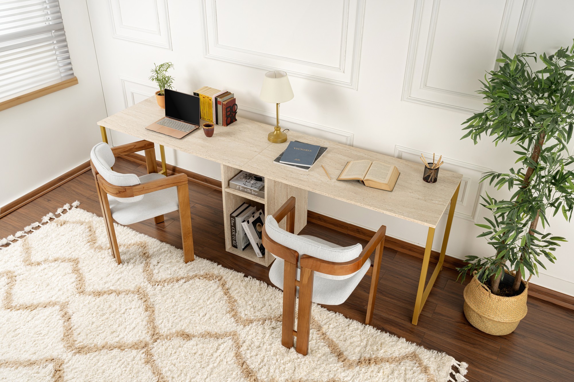 Kalune Design Kancelářská sestava pro 2 osoby TWIN travertin/zlatá - Obrázek 2