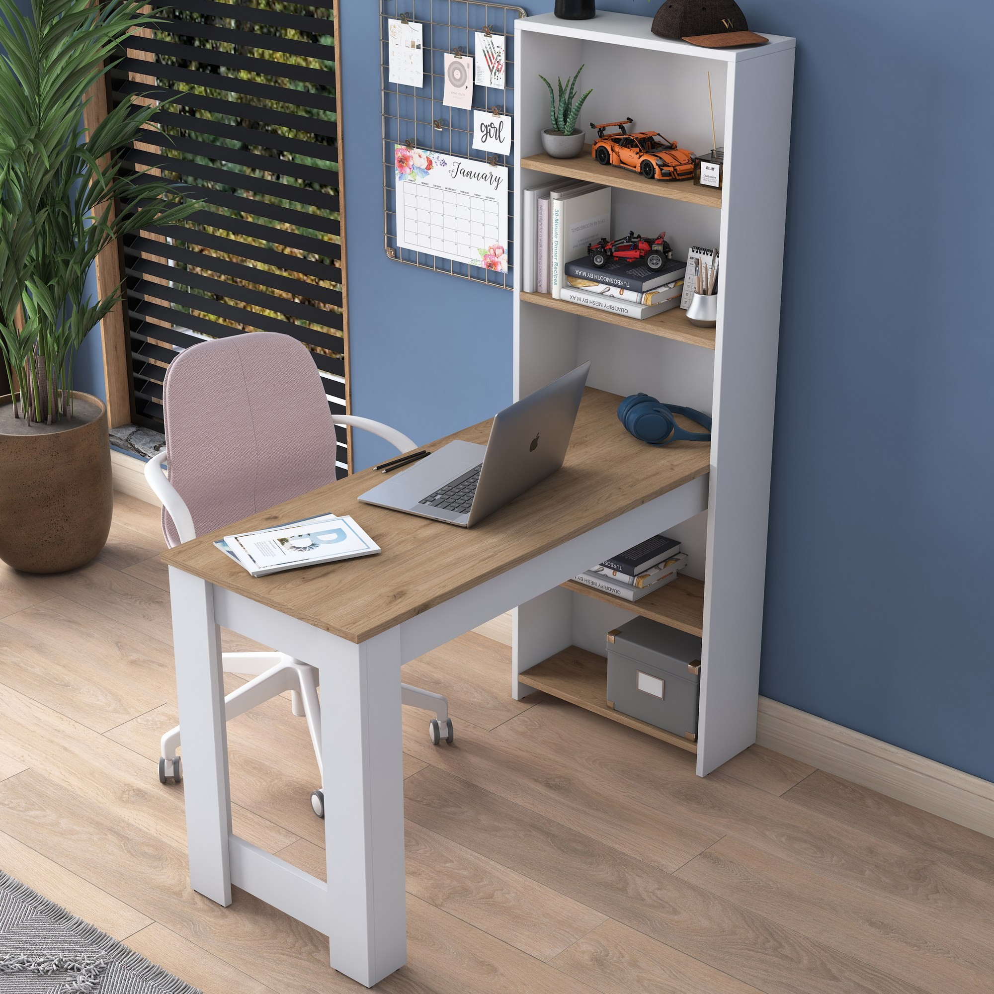 Kalune Design Psací stůl s regálem Jennifer 120 cm bílý/ořech - Obrázek 2