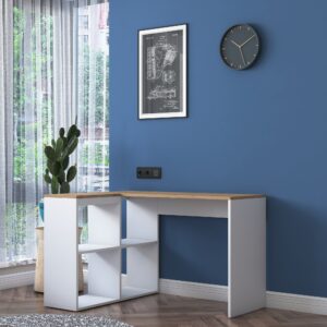 Kalune Design Rohový psací stůl Mario 120 cm s úložným regálem dub přírodní/bílý