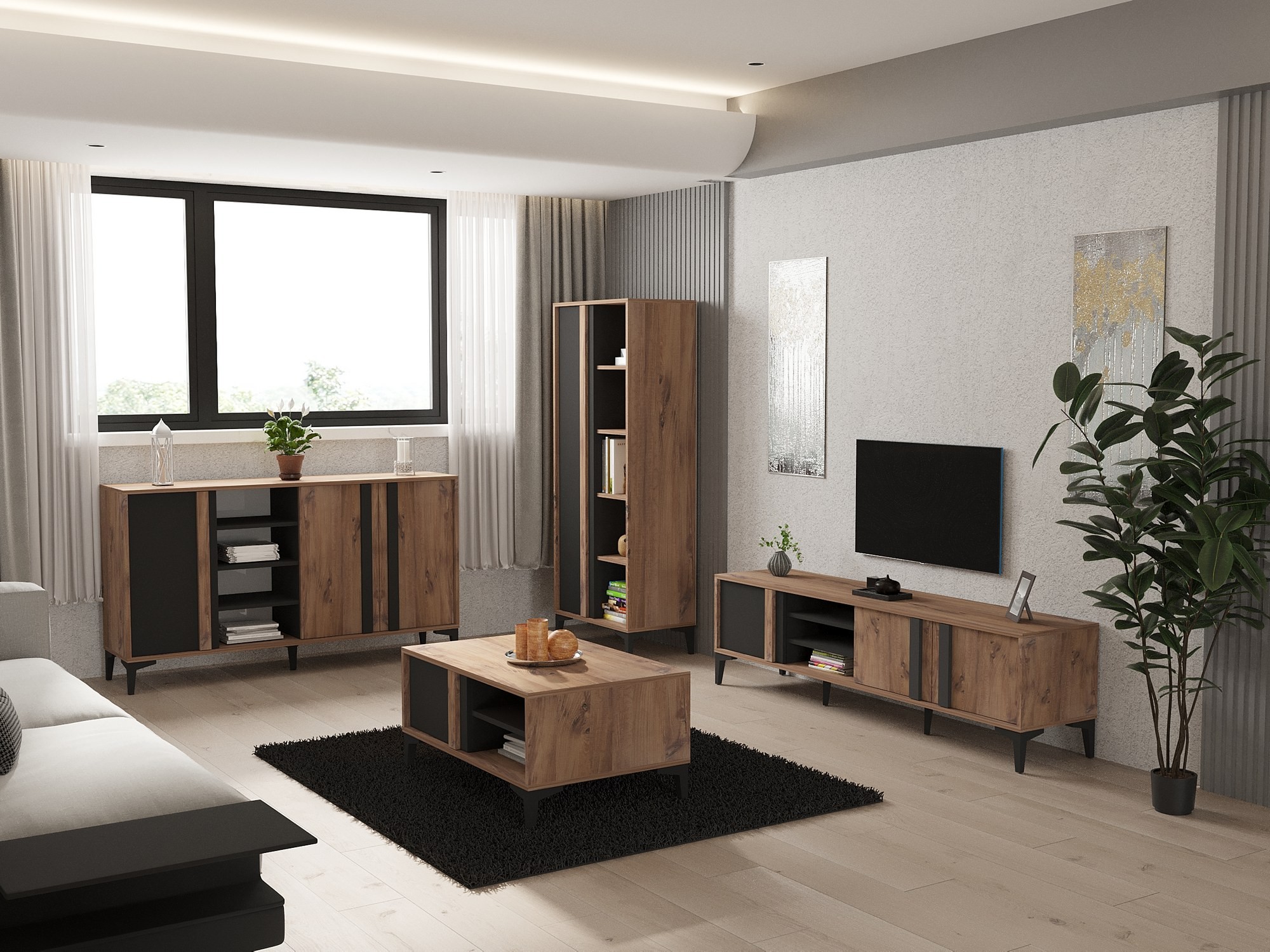 Kalune Design Sada nábytku do obývacího pokoje Lacin borovice Atlantic/antracit