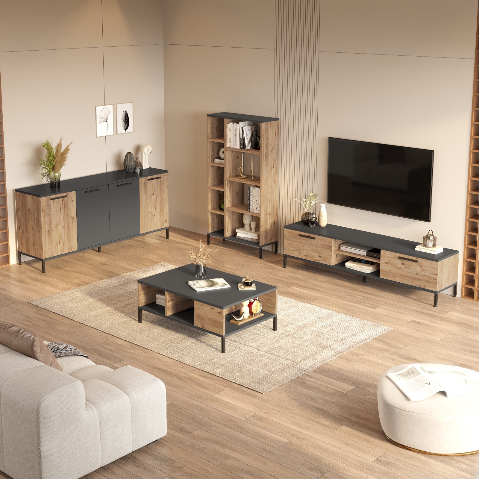 Kalune Design Sada nábytku do obývacího pokoje RI6 borovice Atlantic/antracit - Obrázek 2