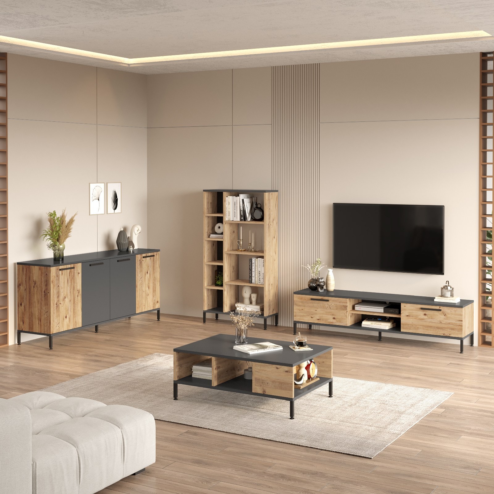 Kalune Design Sada nábytku do obývacího pokoje RI6 borovice Atlantic/antracit
