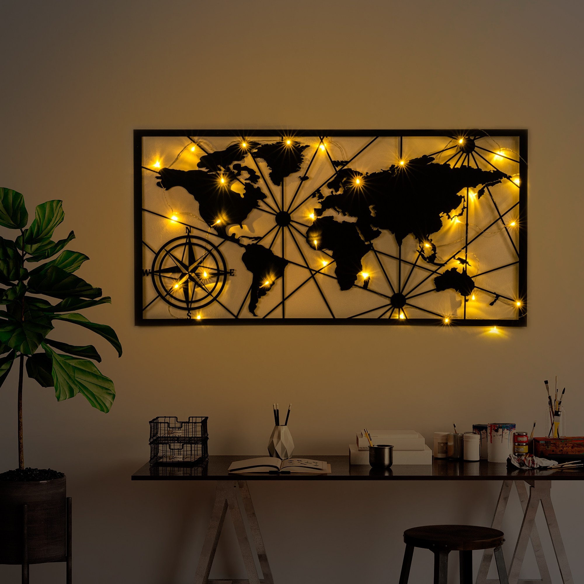 Wallity Nástěnná kovová dekorace World Map Led 452 černá - Obrázek 2