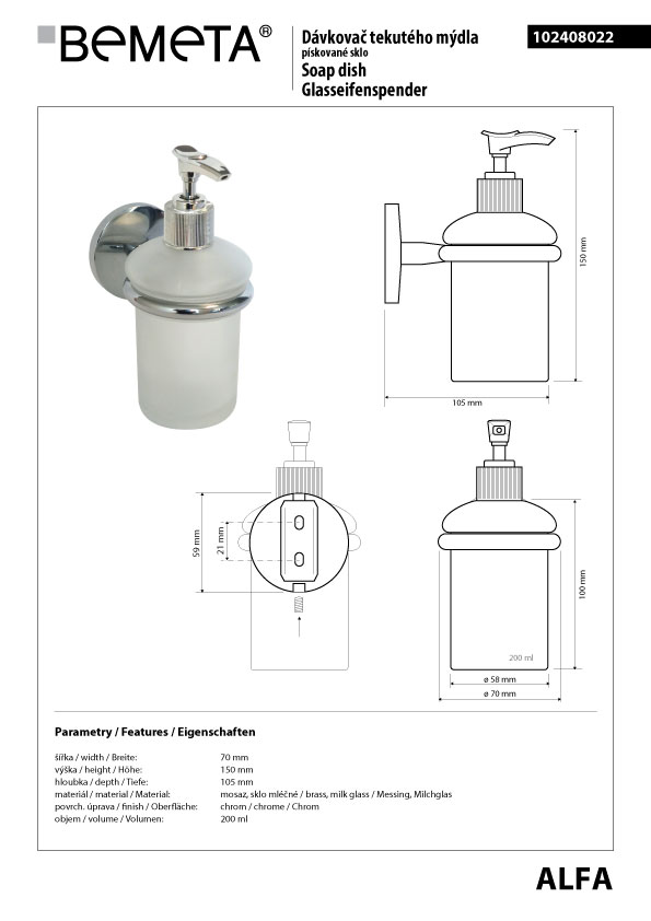 Bemeta Design ALFA: Dávkovač mýdla 200 ml - 102408022 - Obrázek 2