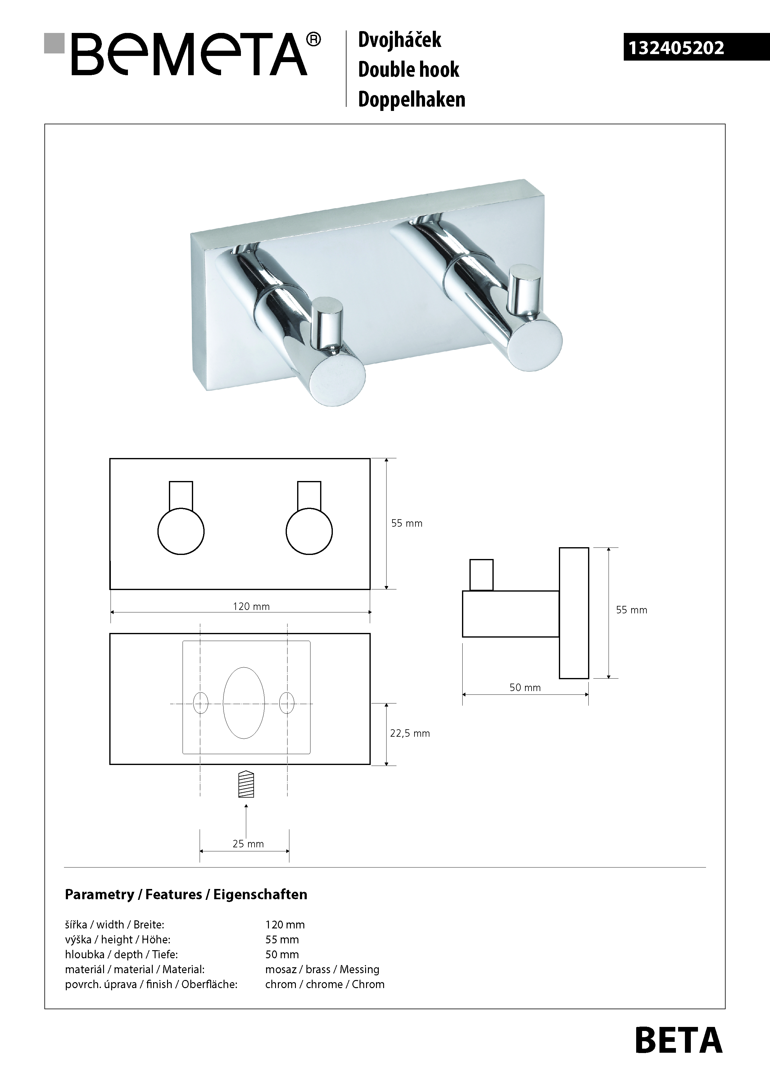 Bemeta Design BETA: Věšák se 2 háčky - 132405202 - Obrázek 2