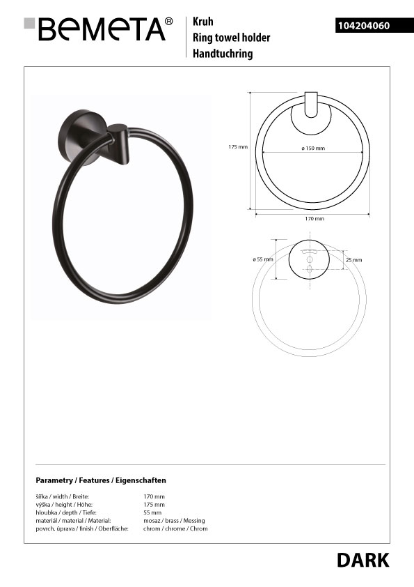 Bemeta Design DARK: Držák ručníků kruhový - 104204060 - Obrázek 2