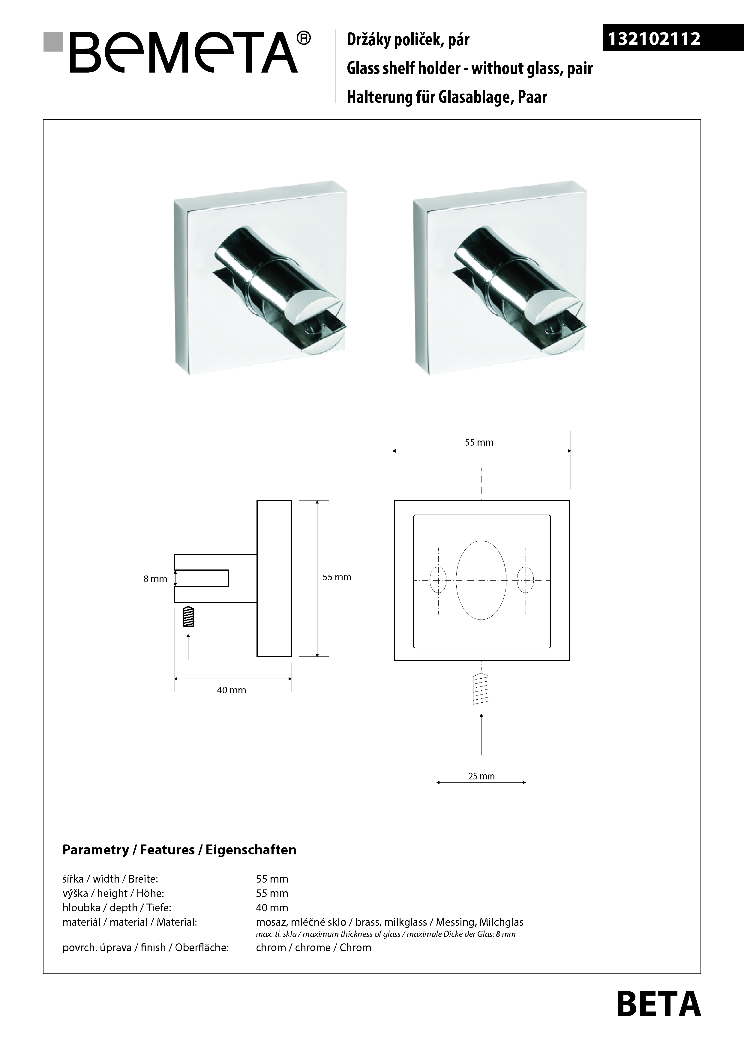 Bemeta Design Držáky poličky BETA (2 ks) - 8 mm - 132102112 - Obrázek 2