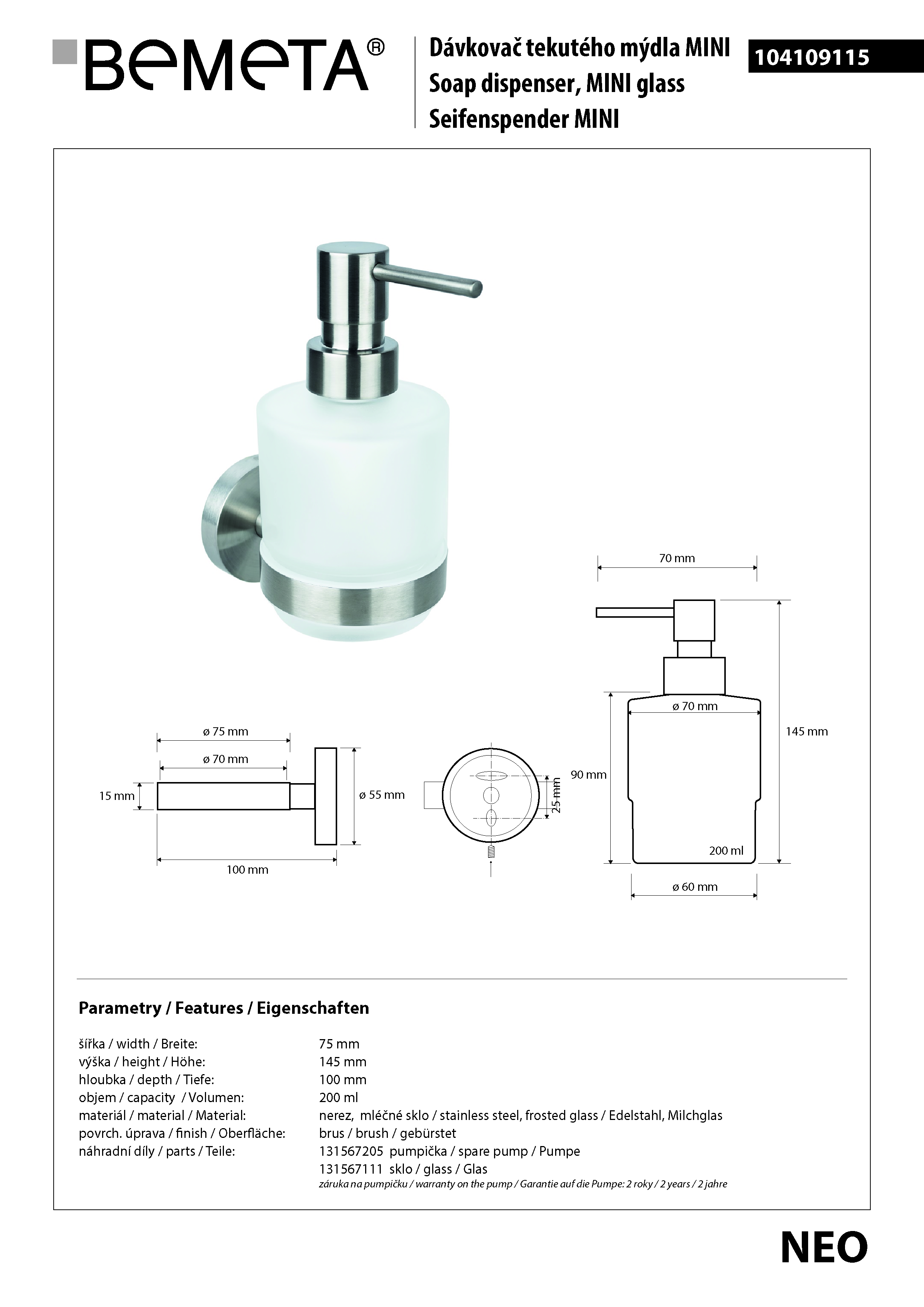 Bemeta Design NEO: Dávkovač mýdla 200 ml - 104109115 - Obrázek 2
