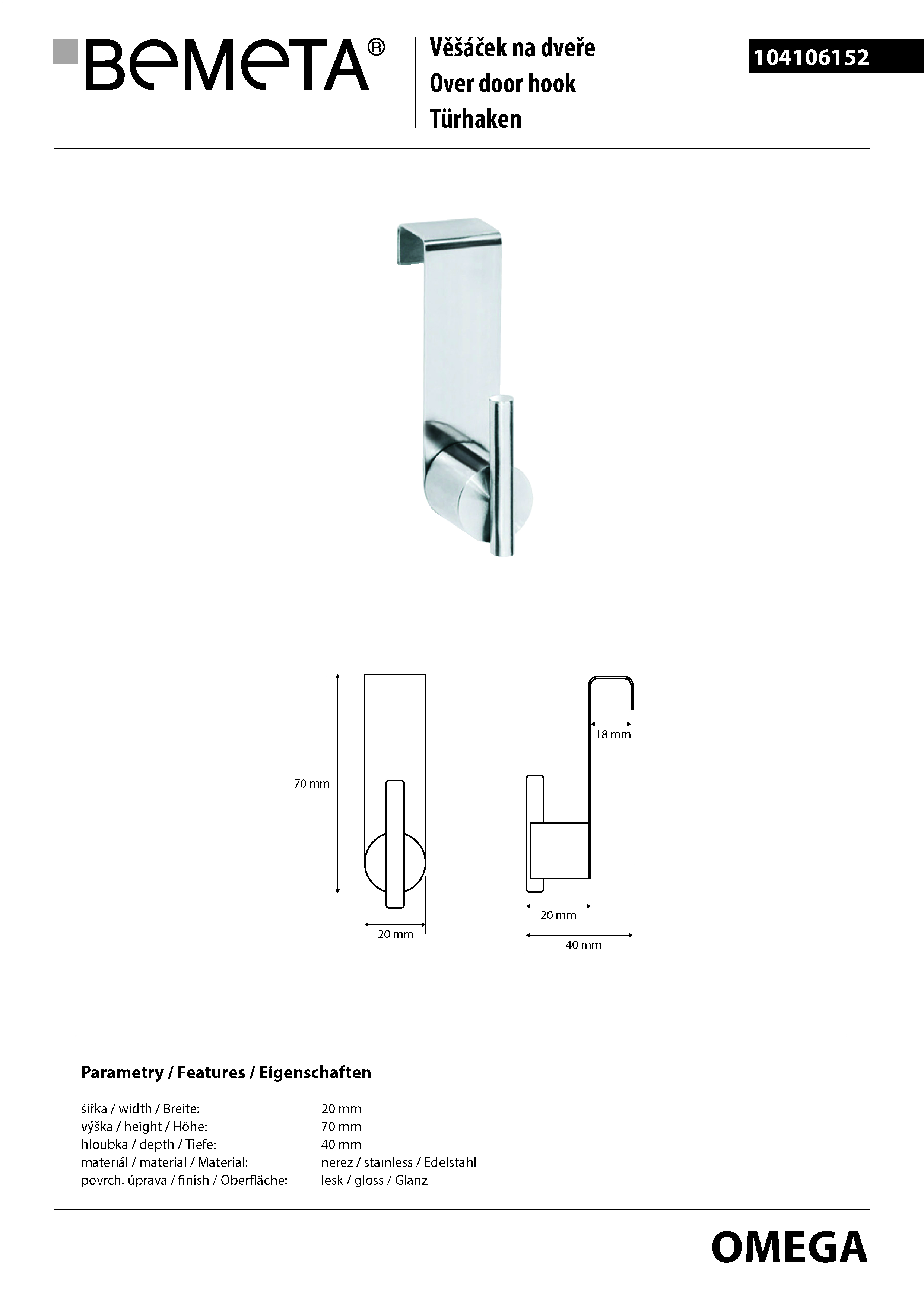 Bemeta Design OMEGA: Háček na dveře - 104106152 - Obrázek 2