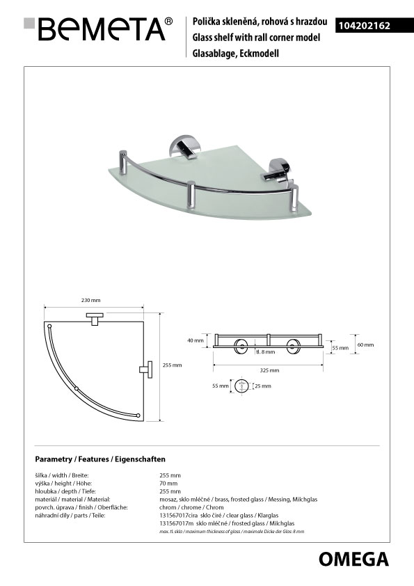 Bemeta Design OMEGA: Polička skleněná rohová s hrazdou - 104202162 - Obrázek 2