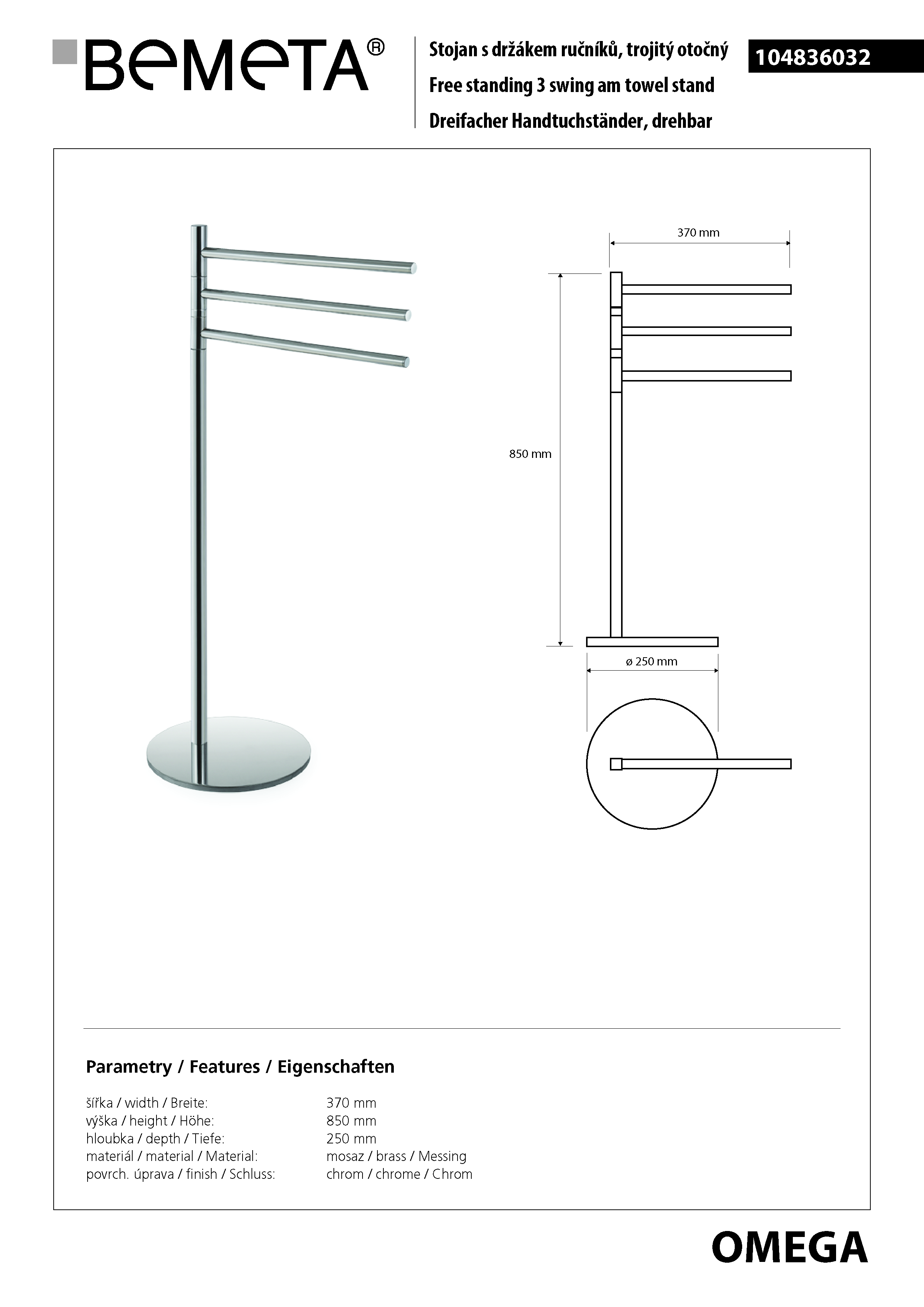 Bemeta Design OMEGA: Stojan s držákem ručníků trojitý otočný - 104836032 - Obrázek 2