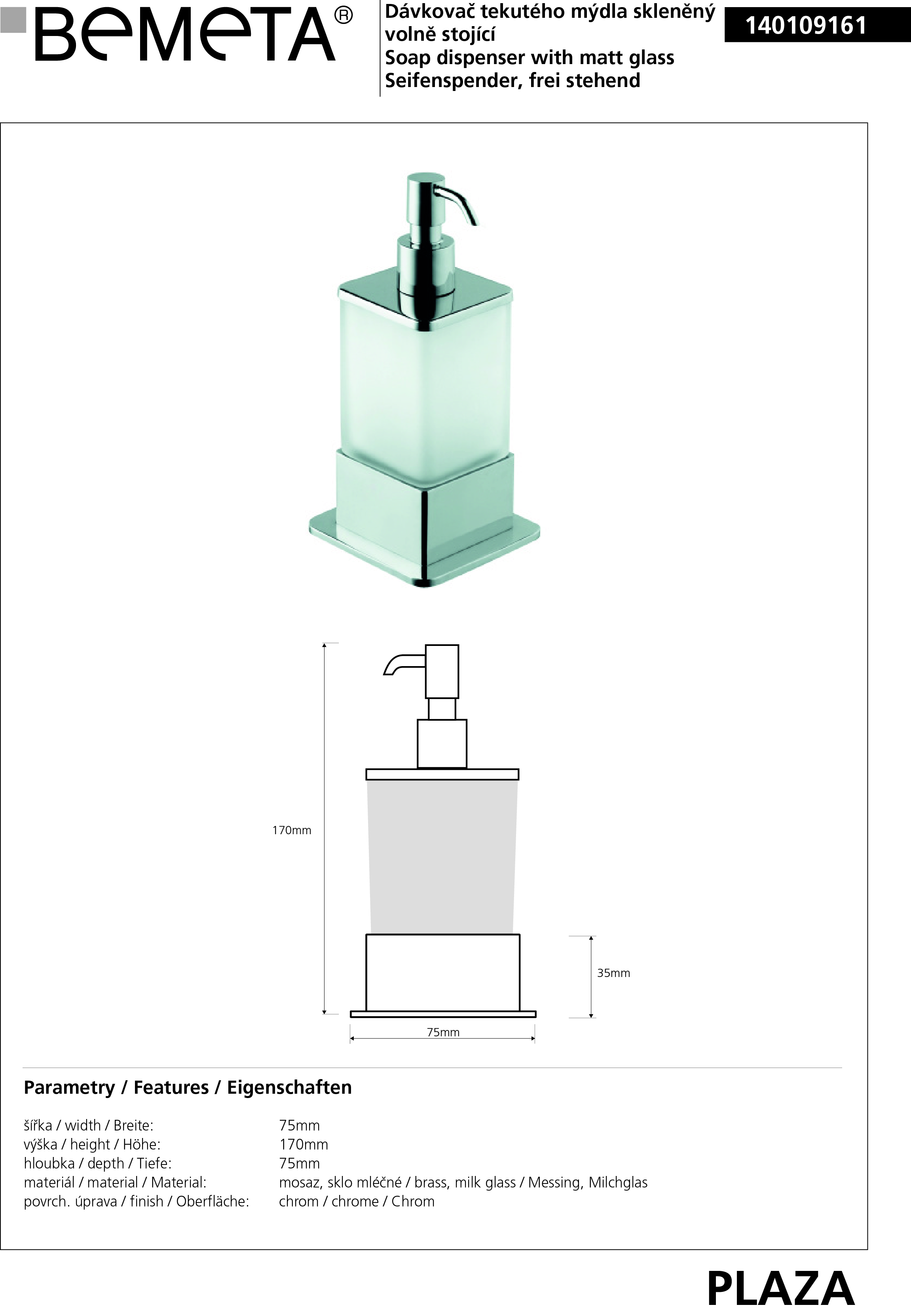 Bemeta Design PLAZA: Dávkovač mýdla na postavení 200 ml - 140109161 - Obrázek 2