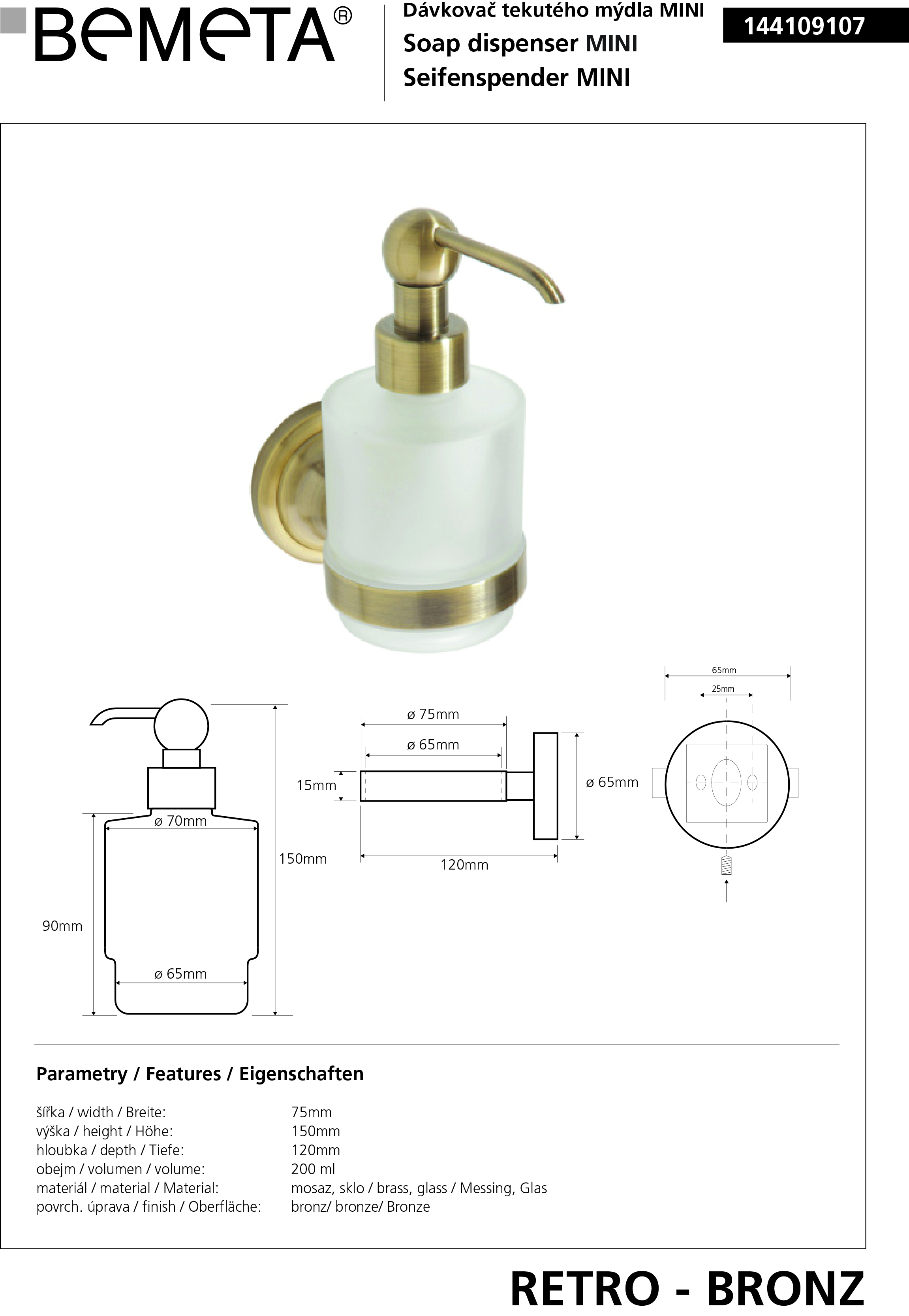 Bemeta Design RETRO bronz: Dávkovač mýdla 200 ml - 144109107 - Obrázek 2