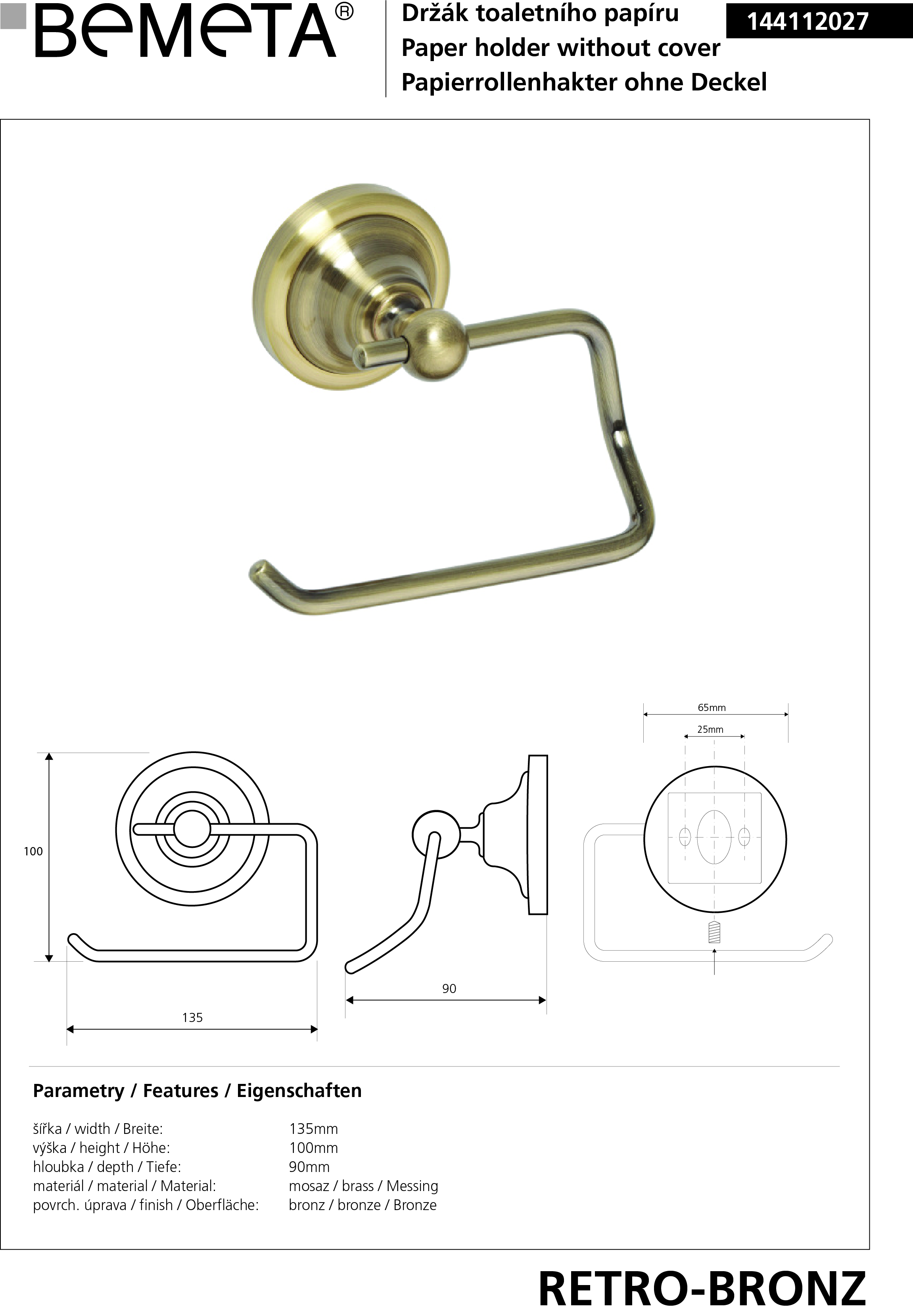 Bemeta Design RETRO bronz: Držák toaletního papíru bez krytu - 144112027 - Obrázek 2