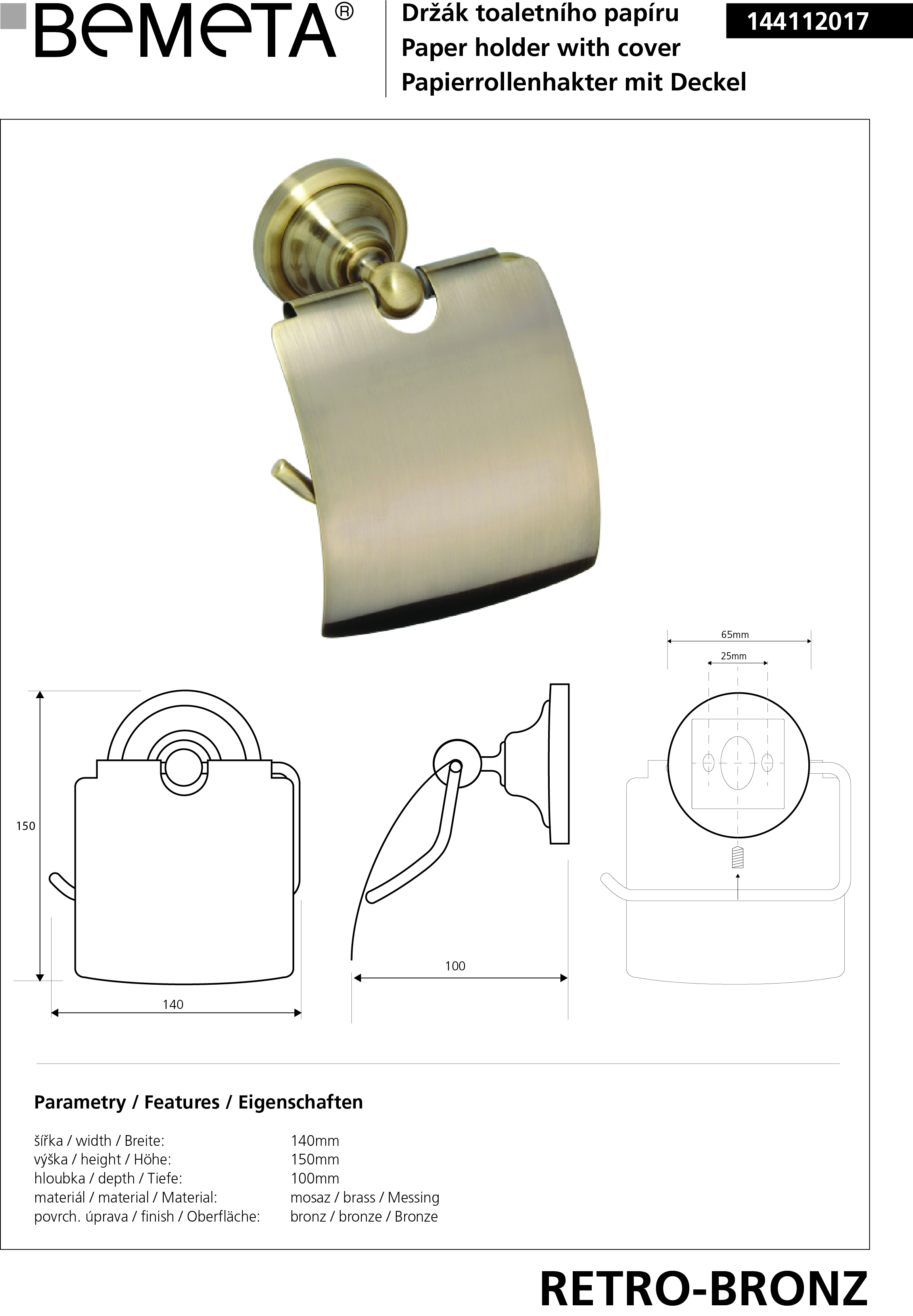 Bemeta Design RETRO bronz: Držák toaletního papíru s krytem - 144112017 - Obrázek 2