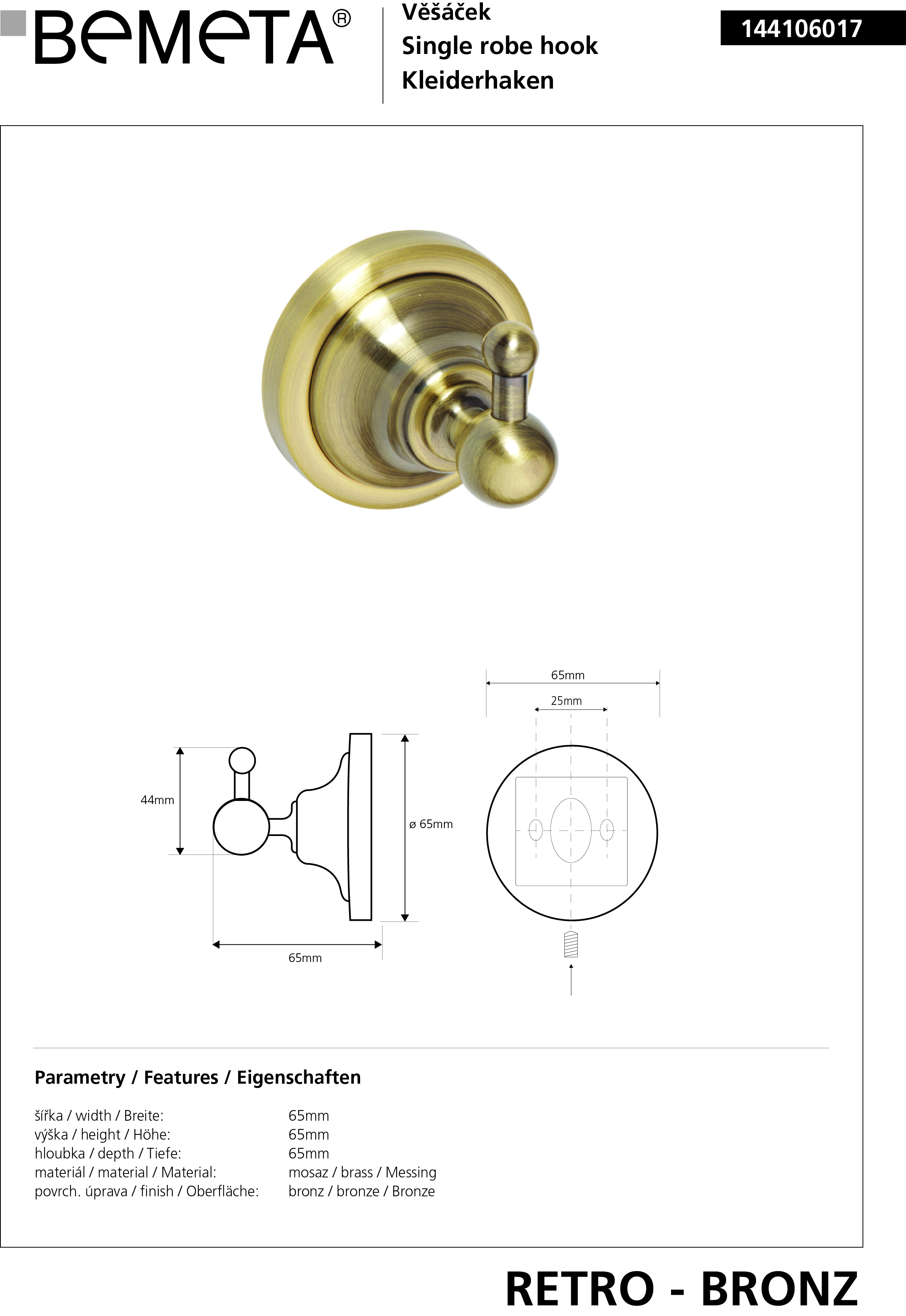 Bemeta Design RETRO bronz: Háček - 144106017 - Obrázek 2
