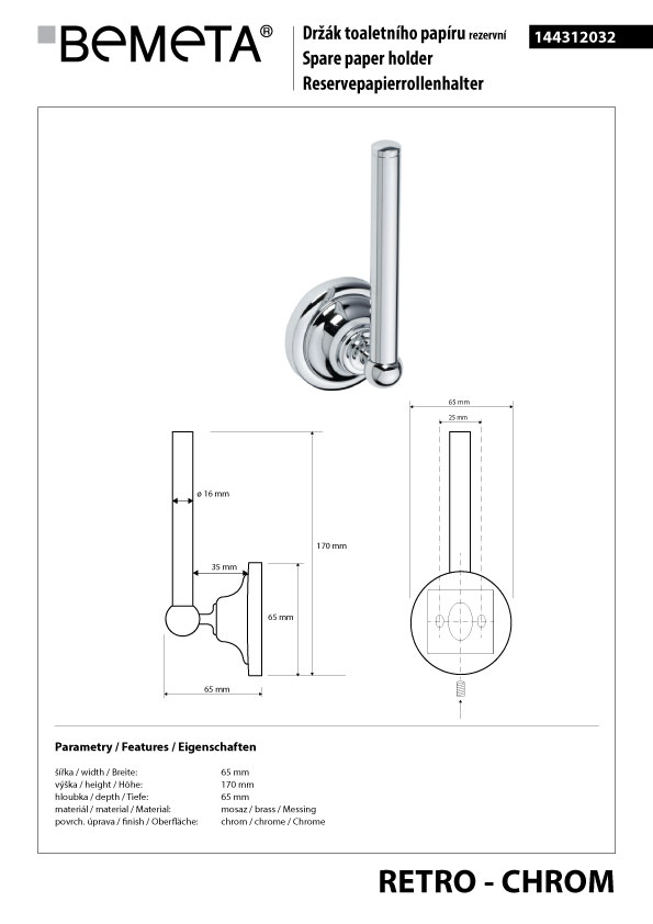 Bemeta Design RETRO chrom: Držák toaletního papíru rezervní - 144312032 - Obrázek 2