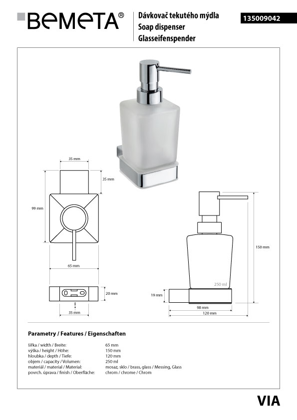 Bemeta Design VIA: Dávkovač mýdla 250 ml - 135009042 - Obrázek 2