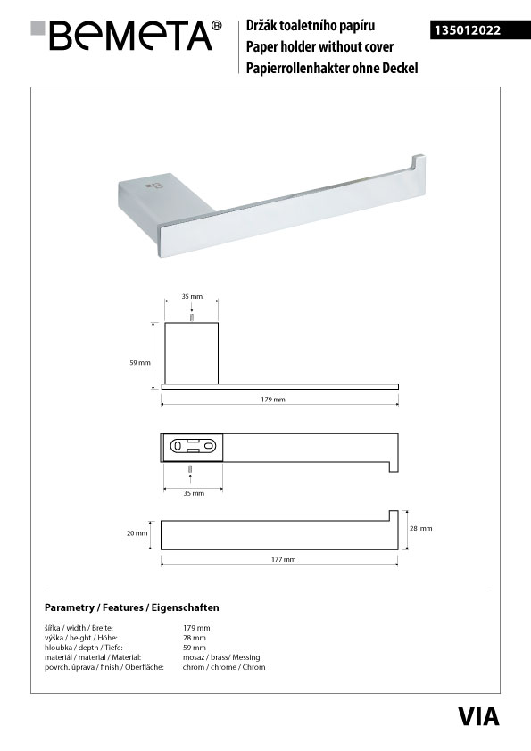 Bemeta Design VIA: Držák toaletního papíru - 135012022 - Obrázek 2