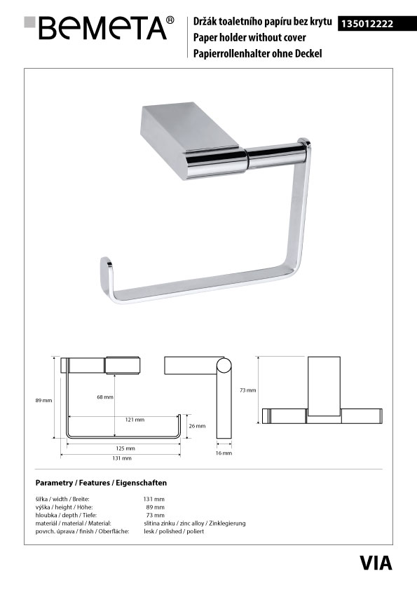 Bemeta Design VIA: Držák toaletního papíru bez krytu - 135012222 - Obrázek 2